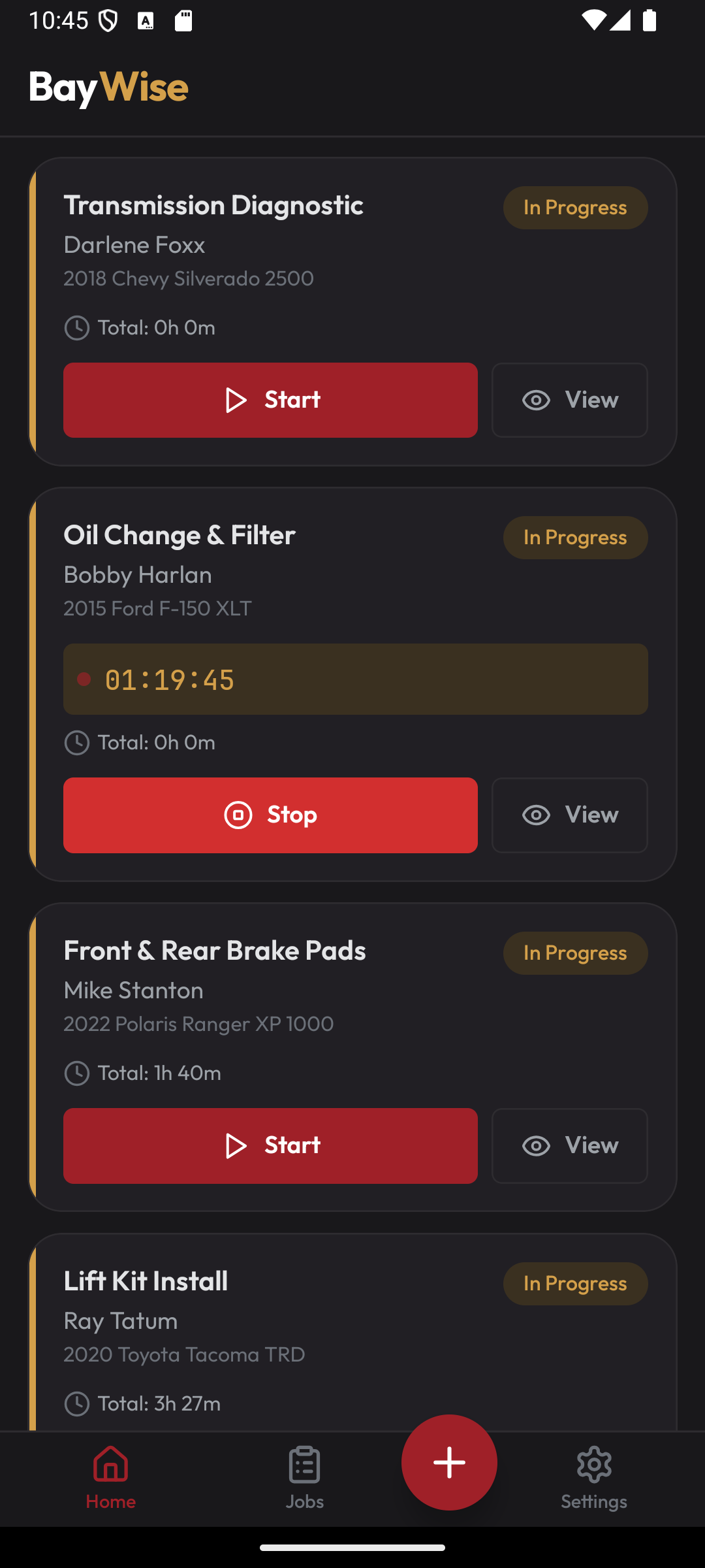 BayWise dashboard showing active jobs with timers