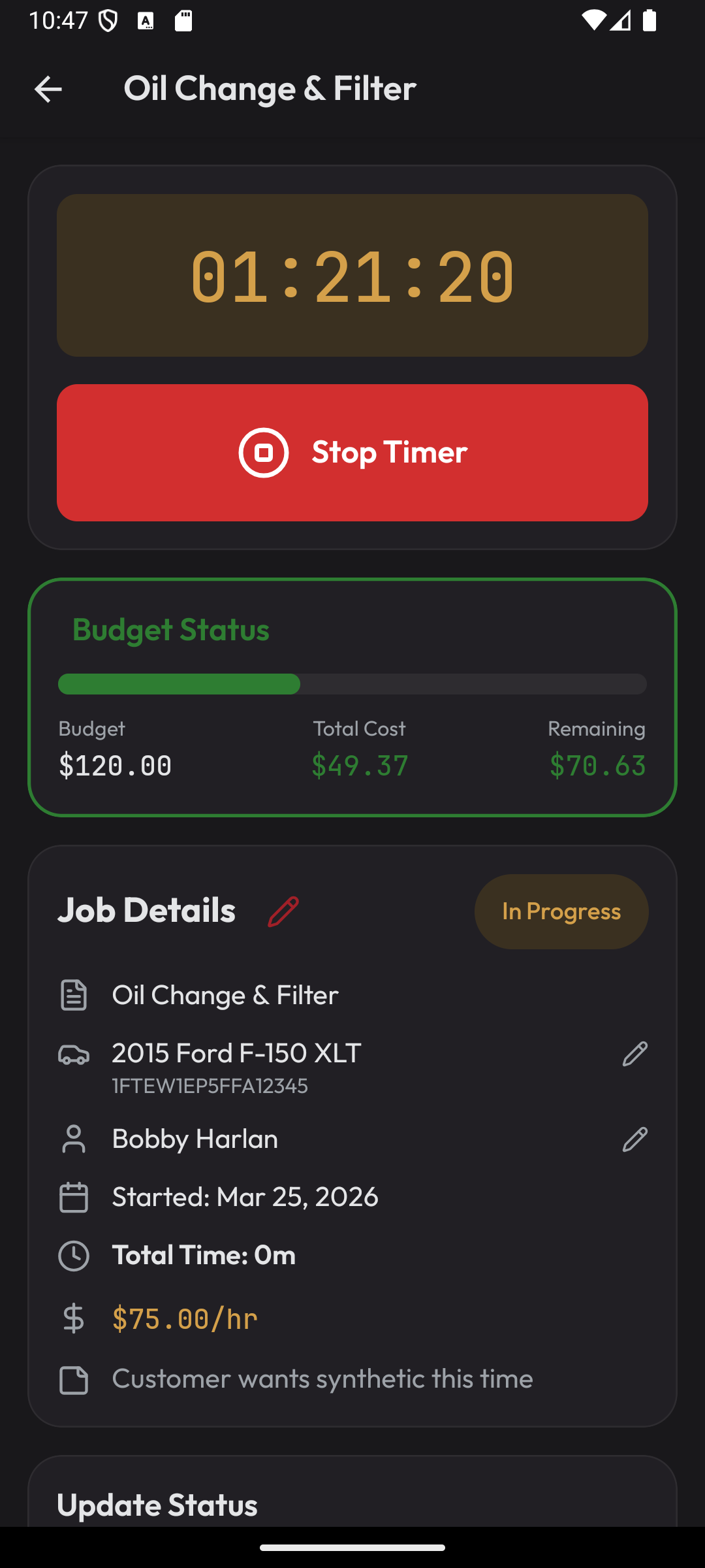 Job detail view with live timer and budget tracking