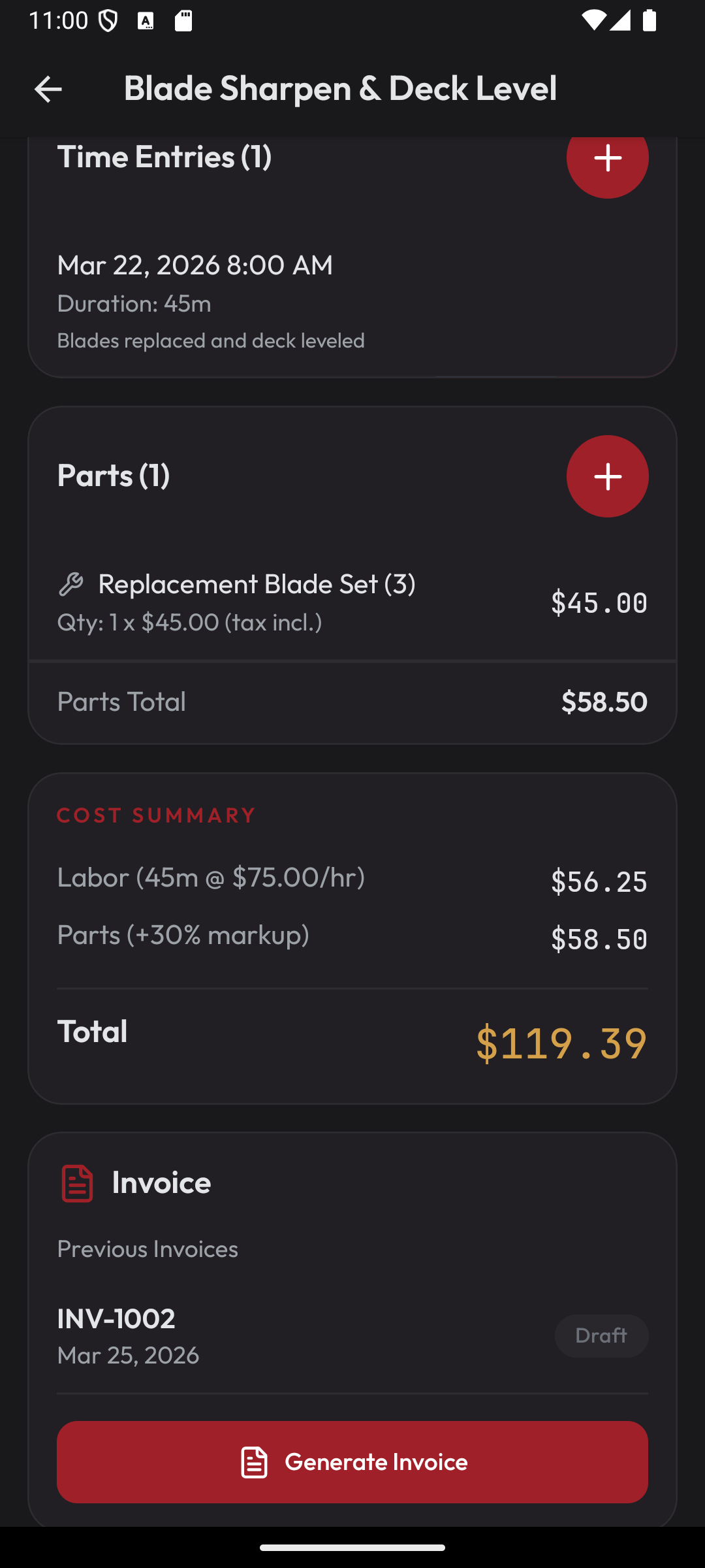 Parts tracking and cost summary with invoice generation