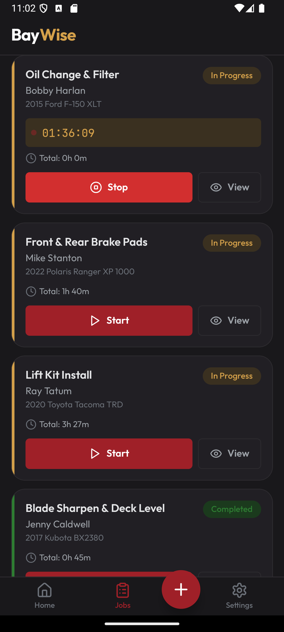 Job list with status indicators and quick actions