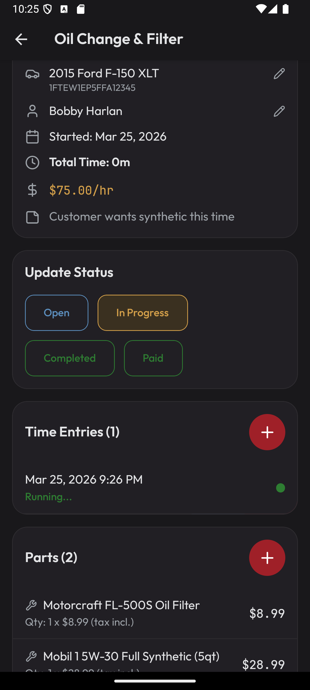 Job details with status updates, time entries, and parts