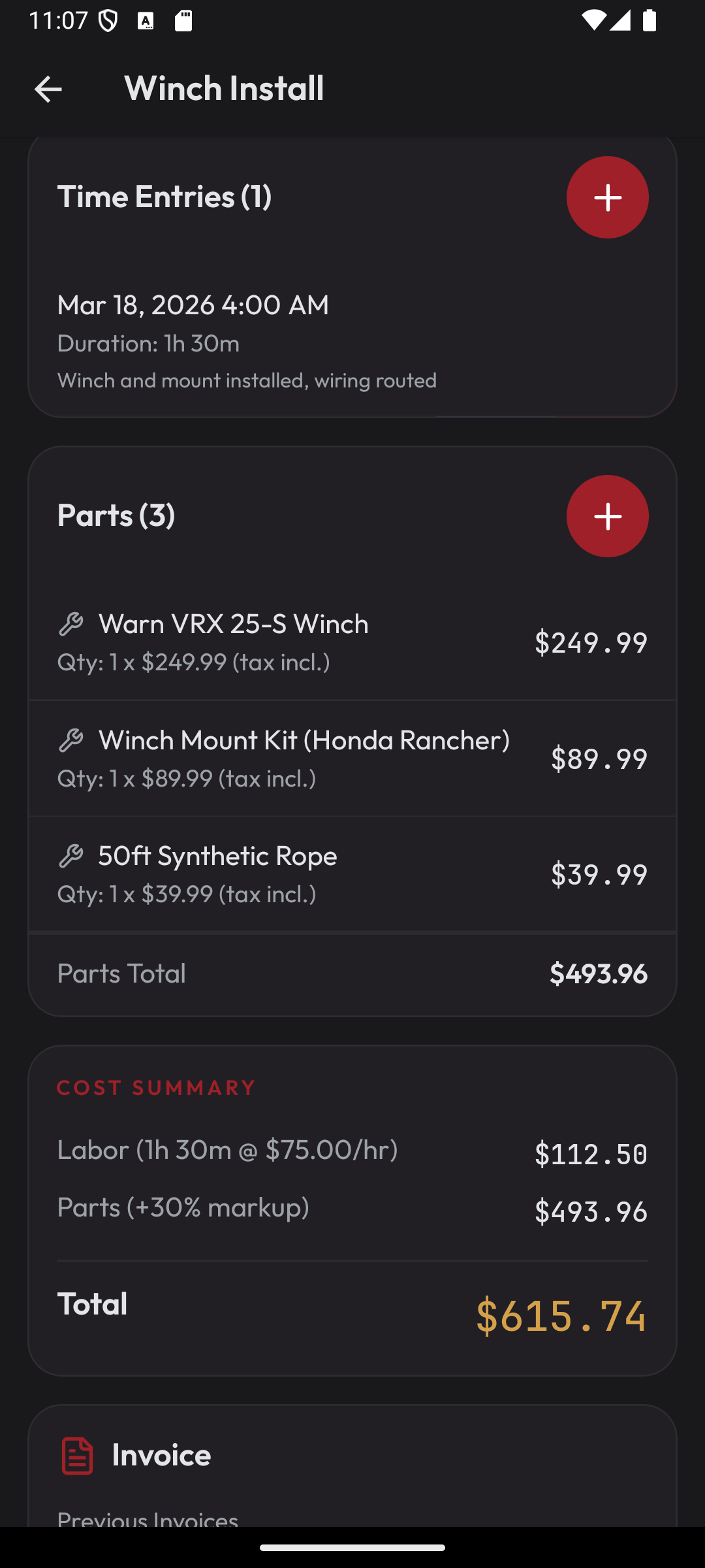 Detailed job with winch install parts breakdown